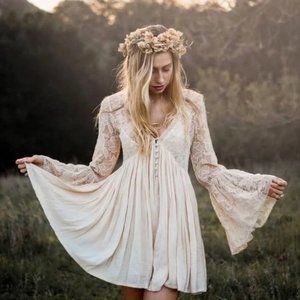 Free People With Love From India Cream Lace Mini Babydoll Dress